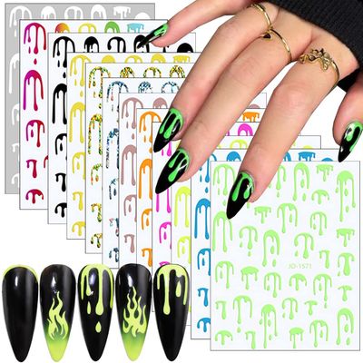12 Sheets Halloween Nail Art Stickers - Bloody Decals, 3D Self-Adhesive Supplies, Gold Water Drop Fluorescence Designs for Party Decoration