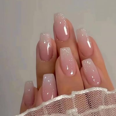 Generic 24pcs Press on Nails Square Short Gradient Fake Nails Short White Glue on Nails Short Coffin Acrylic Artificial Nails Set Exquisite Press on Finger Nail Designs for Women Kit
