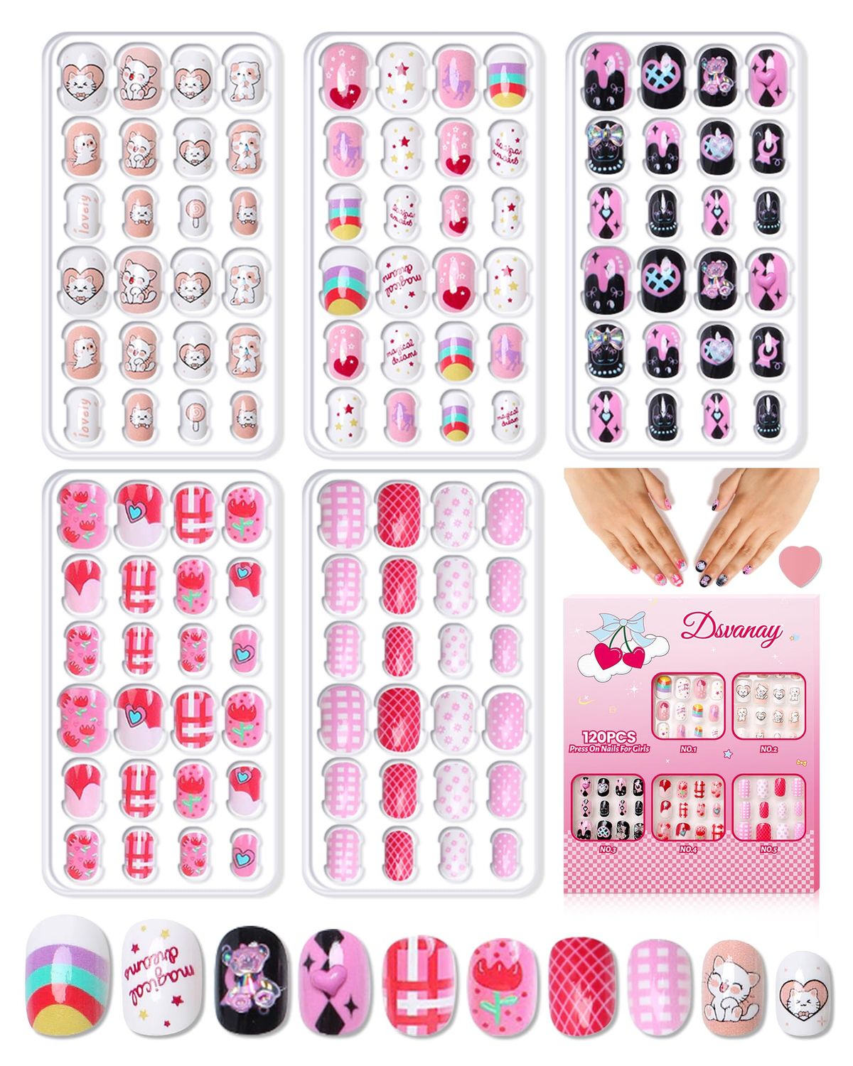 120PCS 5 Pack Press on Nails for Kids,Tweens Girls Soft Fake Nail Kit, Reusable Creative Design kids Nails, Full Cover Glitter Stick on Nails Girl Nails for Kids Ages 8-12