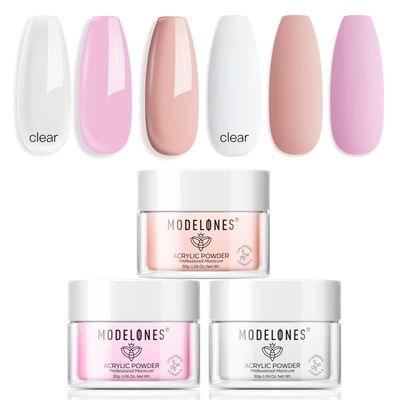 Modelones Nail Acrylic Powder Set, 3 Colors Milky White Pink Nude Acrylic Powder for All Seasons Skin Tones Acrylic Nail Art 3D Nail Carving French Nail Extension 30g3
