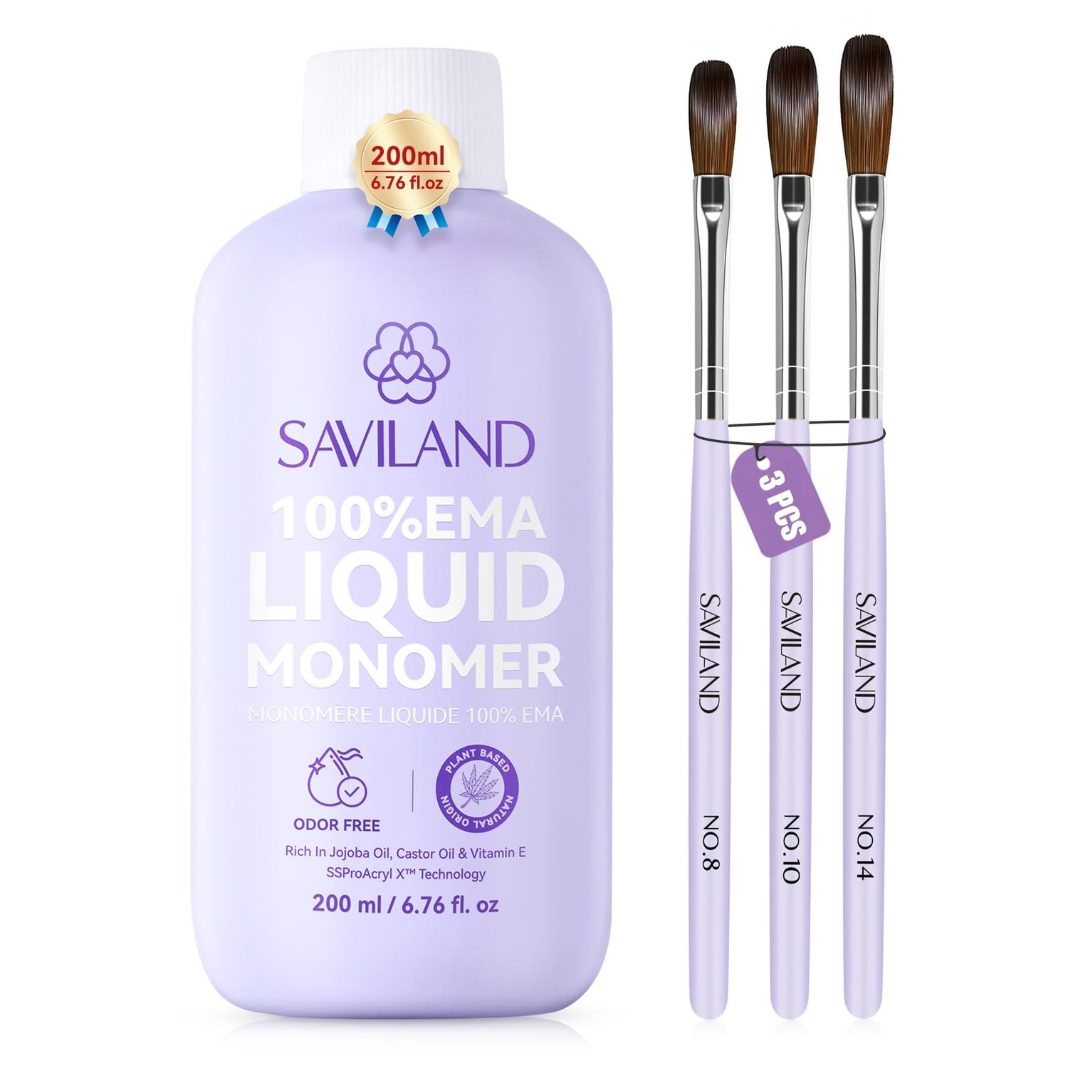 SAVILAND Advanced EMA Monomer Acrylic Nail Liquid Kit: 200 ml Low Odor Non-Yellowing Acrylic Liquid Monomer with 8/10/14 Nail Brushes for Acrylic Powder Nail Art Extension 3D Sculpting Home Salon DIY