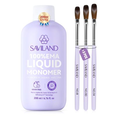 SAVILAND Advanced EMA Monomer Acrylic Nail Liquid Kit: 200 ml Low Odor Non-Yellowing Acrylic Liquid Monomer with 8/10/14 Nail Brushes for Acrylic Powder Nail Art Extension 3D Sculpting Home Salon DIY