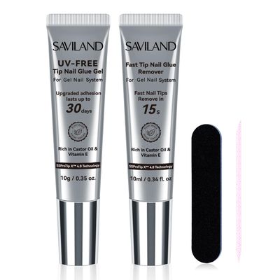 SAVILAND 10g Semi Solid Nail Glue Gel with 10ml Quick Remover for Press On Nails Tips No U V Lamp Needed 30-Day Long-Lasting 15-Second Removal No Curing Home Professional Nail Art Tools SSProTip X
