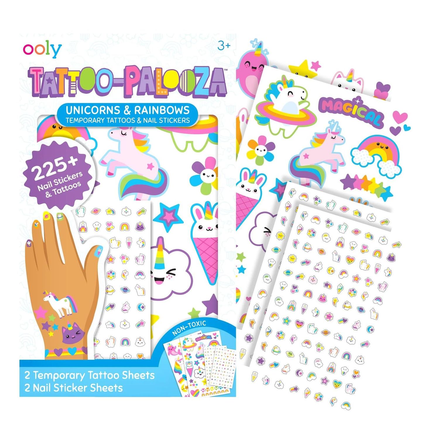 Ooly Set of 35 Unicorn &amp; Rainbow Temporary Tattoos and 192 Nail Stickers for Kids, Non-Toxic, Safe Kids Tattoos, Party Favors, Goodie Bag Stuffers, Birthday Decorations for Girls Ages 3