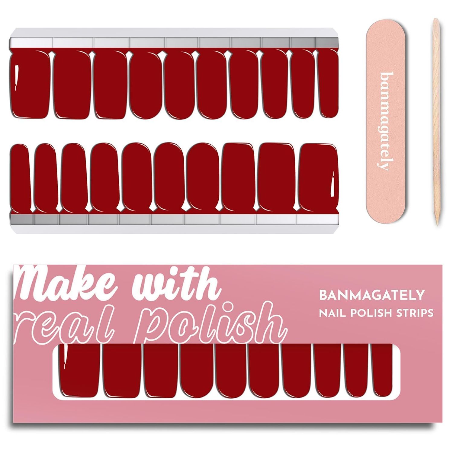 banmagately Nail Polish Strips, 20Pcs Salon Quality Gel Nail Stickers, Easy Long Lasting Wraps for Short Nails no UV Light Needed (Red)