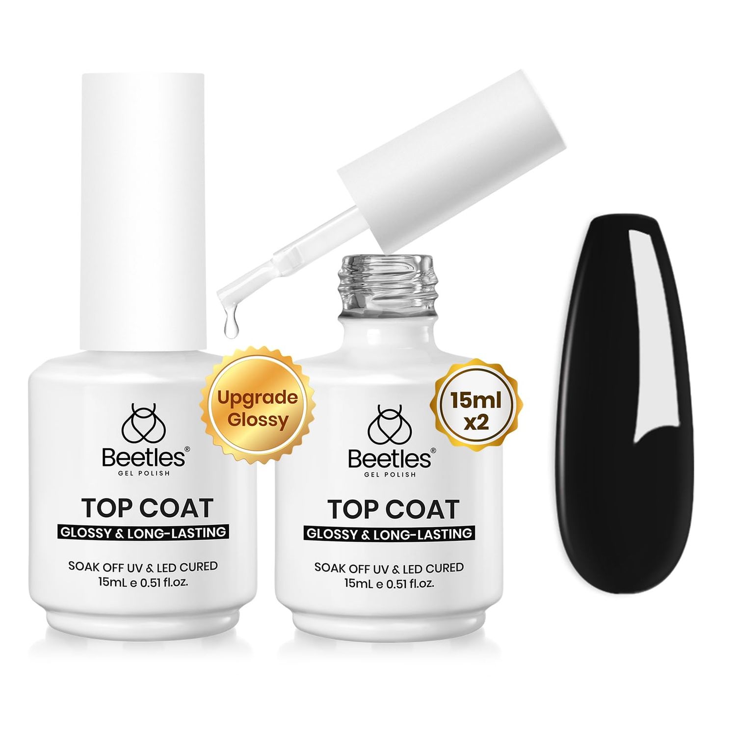 Beetles Upgrade Glossy No Wipe Gel Top Coat, 2 Pcs 15ml Super Shiny Clear Glossy Gel Top Coat, Soak Off Uv Nail Lamp Nail Top Coat Nail Salon Manicure DIY Home Gifts for Women