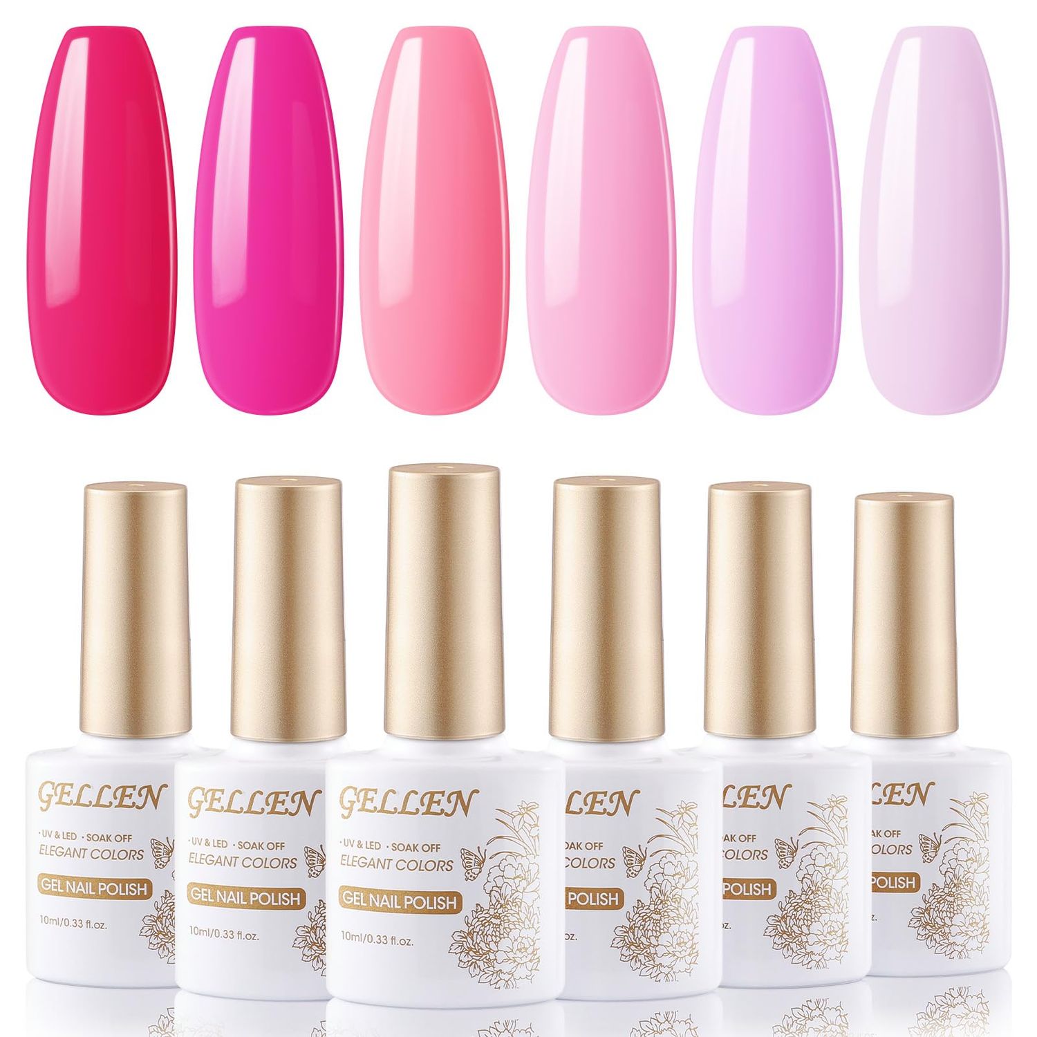 GELLEN Pink Gel Nail Polish - 6 Colors Dazzling Hot Pink Red Purple Soak Off Gel Nail Kit Summer Bright Gel Polish Set DIY Manicure Set Valentines Gifts for Girls Women