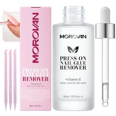 Morovan Press On Nail Glue Remover: Quick Gentle Press-On Nail Remover Odorless No Acetone Removal Artificial Fake False Nails - Enriched with Cuticle Oil and Vitamin E DIY at home 30ml