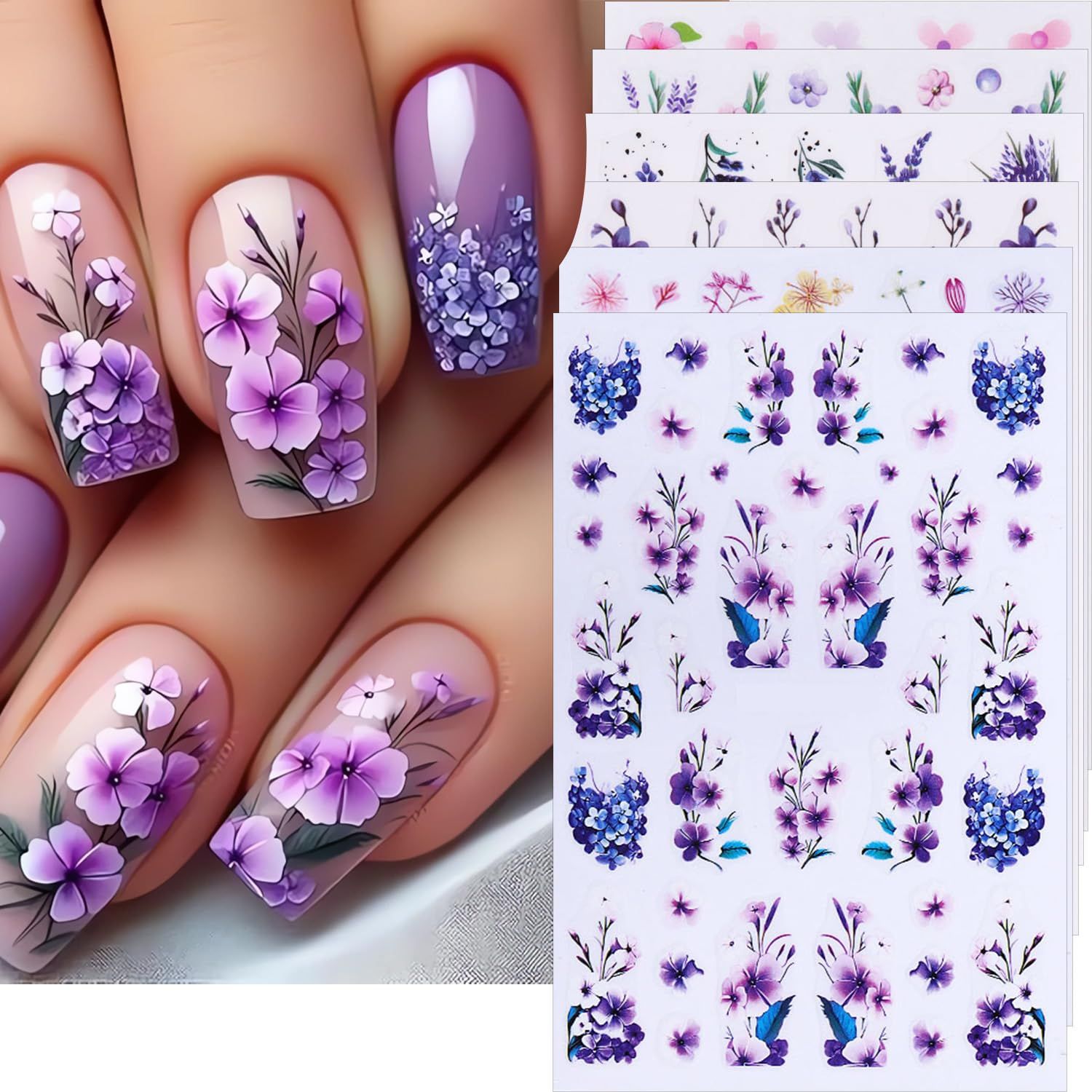 Flower Nail Stickers for Nail Art Spring Nail Decals 6PCS 3D Blue Purple Pink Petal Lavender Floral Nail Art Design Supplies Flower Adhesive Slider Manicure Accessories Flowers Stickers for Nail Art