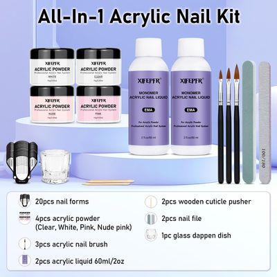 XIFEPFR Acrylic Nail Kit - Clear Pink White Nude Powder &amp; Liquid Monomer Set with Brush, Nail Forms, Extension Kit for Beginners with Everything for Home DIY