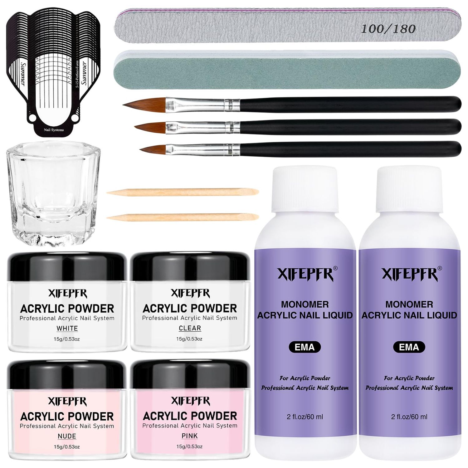 XIFEPFR Acrylic Nail Kit - Clear Pink White Nude Powder &amp; Liquid Monomer Set with Brush, Nail Forms, Extension Kit for Beginners with Everything for Home DIY