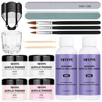 XIFEPFR Acrylic Nail Kit - Clear Pink White Nude Powder &amp; Liquid Monomer Set with Brush, Nail Forms, Extension Kit for Beginners with Everything for Home DIY