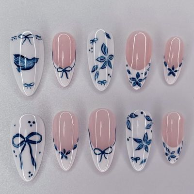 24Pcs French Press on Nails Medium Almond Fake Nails Blue Flower Bow Nail Art Designs Floral Acrylic Nails Full Cover Flowers False Nail Tips Reusable Glue on Nails for Women Manicure Decoration