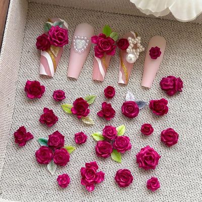 3D Rose Red Flower Nail Charms Luminous Camellias Roses Nail Art Charms Soft Carved Leaf Flower Charms for Nails Design 50pcs Flowers 50pcs Leaves Cute Floral Resin Accessories for Manicure Decor