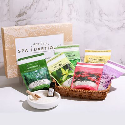 spa luxetique Bath Salts Gift Set 6-Pack, Foot and Body Sea Salts for Soaking, Wooden Scooper, 0.5oz Argan Oil, Bath Salts for Women Relaxing, Mothers Day Gifts for Mom