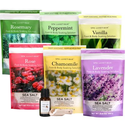 spa luxetique Bath Salts Gift Set 6-Pack, Foot and Body Sea Salts for Soaking, Wooden Scooper, 0.5oz Argan Oil, Bath Salts for Women Relaxing, Mothers Day Gifts for Mom