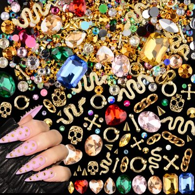 editTime 3D Metal Punk Nail Charms Jewels Kit, 300pcs Alloy Cone Rivet Spike Snake Skull Studs with 9pcs Big Glass Pointed Bottom Rhinestones and 200pcs Flatback Resin Rhinestones (gold)