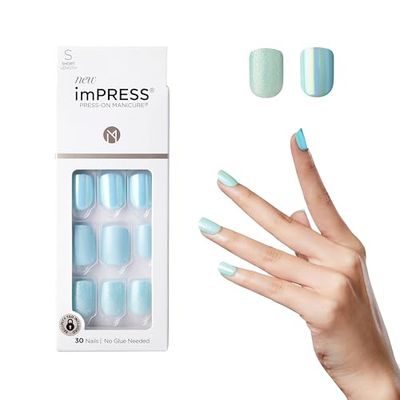 KISS imPRESS No Glue Mani Press On Nails, Design, Rain Check, Blue, Short Size, Squoval Shape, Includes 30 Nails, Prep Pad, Instructions Sheet, 1 Manicure Stick, 1 Mini File