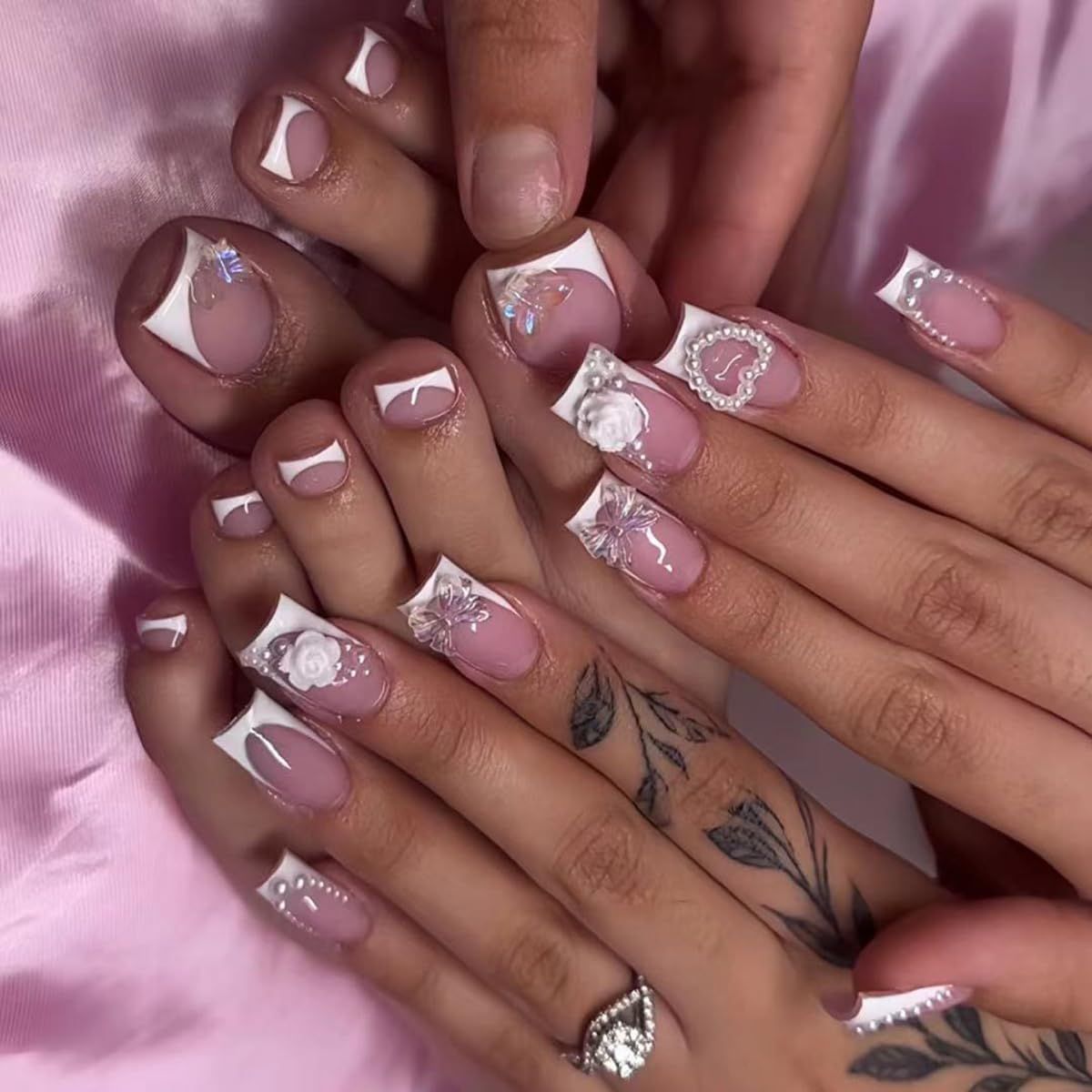 48 Pcs Pink Press On Nails Medium Square &amp; Press On Toenails Set - YEFIUO Spring White French Fake Nails Press ons Nail Art Tip Glue on Nails Acrylic Nail Kit False Toe Nails with 3D Flower Bow Design