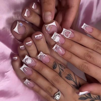 48 Pcs Pink Press On Nails Medium Square &amp; Press On Toenails Set - YEFIUO Spring White French Fake Nails Press ons Nail Art Tip Glue on Nails Acrylic Nail Kit False Toe Nails with 3D Flower Bow Design
