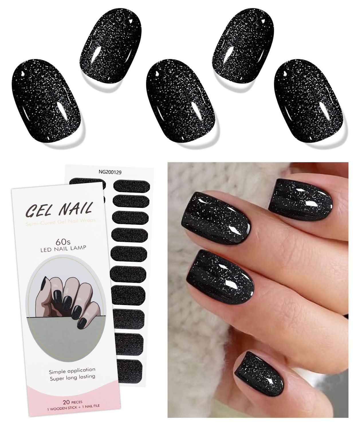 JMEOWIO Gel Nail Stickers Black Glitter Semi Cured Gel Nail Strips Wraps UV/LED Nails Art Design Decoration Accessories