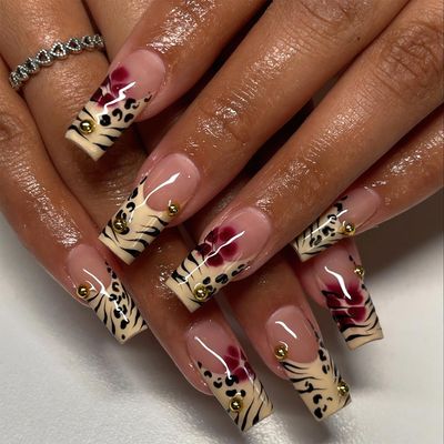 Jremg Leopard Print French Tip Press on Nails Long Square Fake Nails with 3D Gold Pearl Designs Glossy Red Flower Full Cover Glue On Nails Reusable Coffin Autumn Winter False Nails for Women 24Pcs