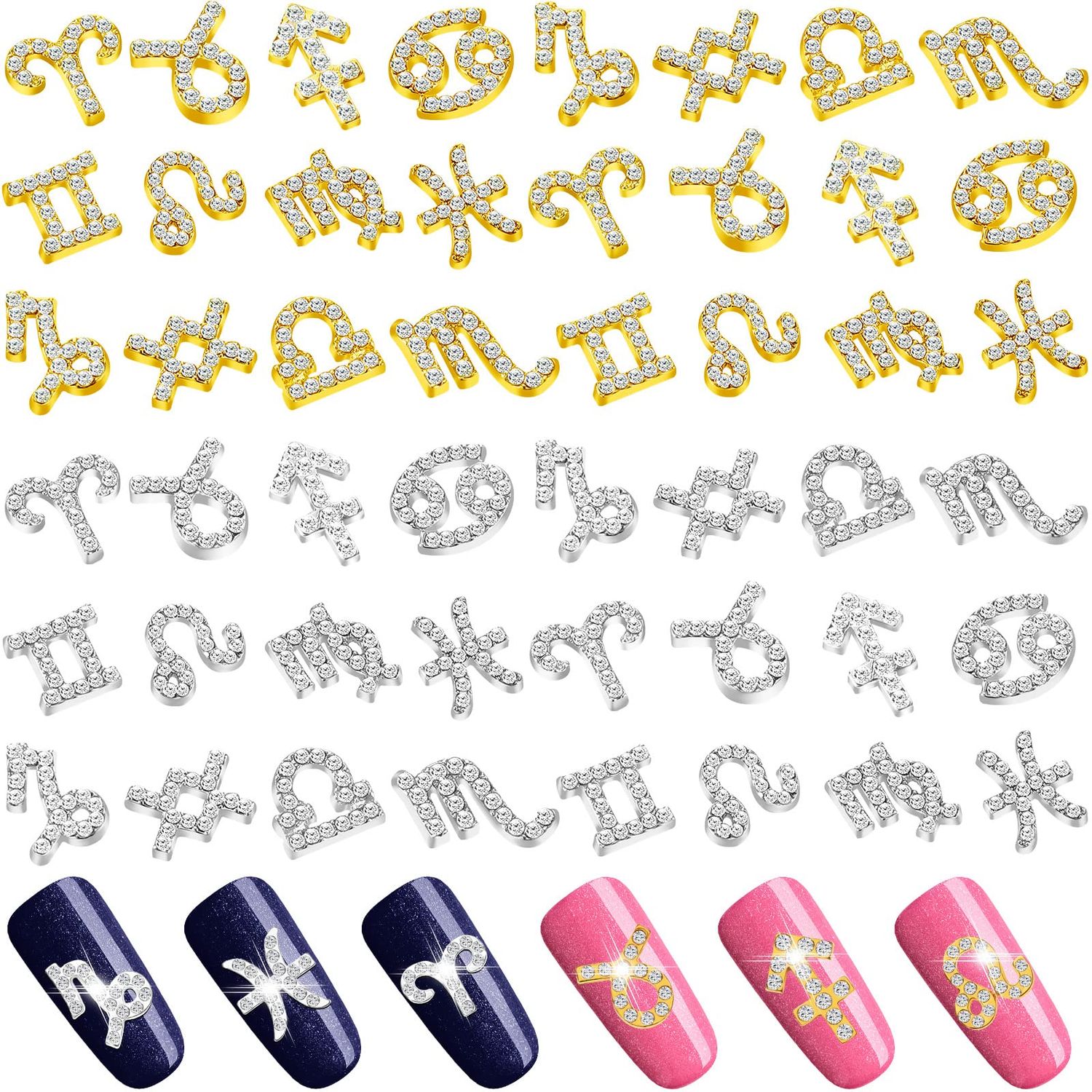 48 Pcs Zodiac Sign Nail Charms Zodiac 3D Rhinestone Jewelry Art Nail Charms DIY Horoscope for Jewelry Making Necklace Bracelet Earrings Crafts Supplies(Gold, Silver)