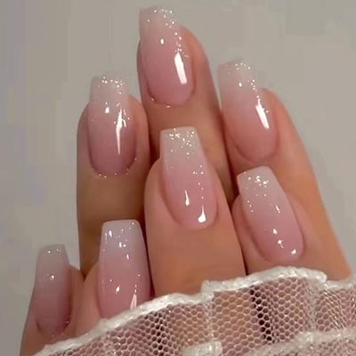 RUPOFUZA Medium Press on Nails Coffin Fake Nails 30Pcs Pink White Ombre Coffin False Nails with A Little Bit of Glitter Designs Acrylic Nails Press ons Artificial Nails Stick on Nails for Women