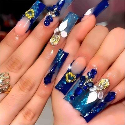 Rchovsam xl Royal Blue Press on Nails Long Square Fake Nails with Royal Blue Butterfly Diamond Designs False Nails Blue Stick on Nails Full Cover Artificial Nails Gift for Women 24pcs
