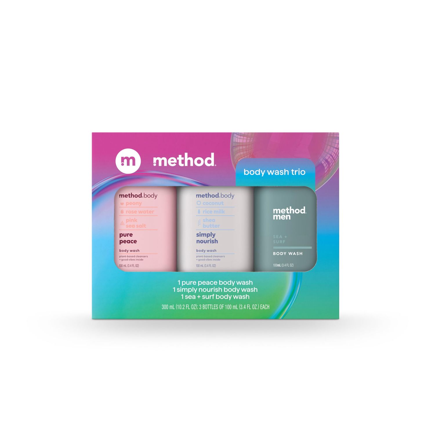 Method Body Wash Gift Set, Pure Peace, Simply Nourish and Sea Surf, 3.4 oz Travel Size Bottles