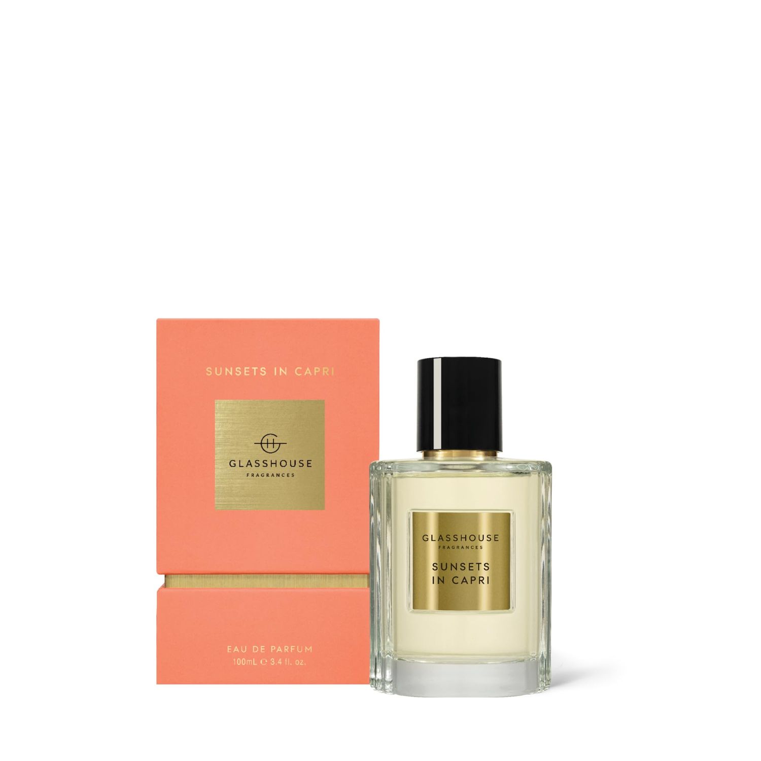 Glasshouse Fragrances Sunsets In Capri Eau De Parfum, Intense &amp; Long Lasting Perfume, White Peach &amp; Sea Breeze Scent, 3.4 Fl Oz (100mL)