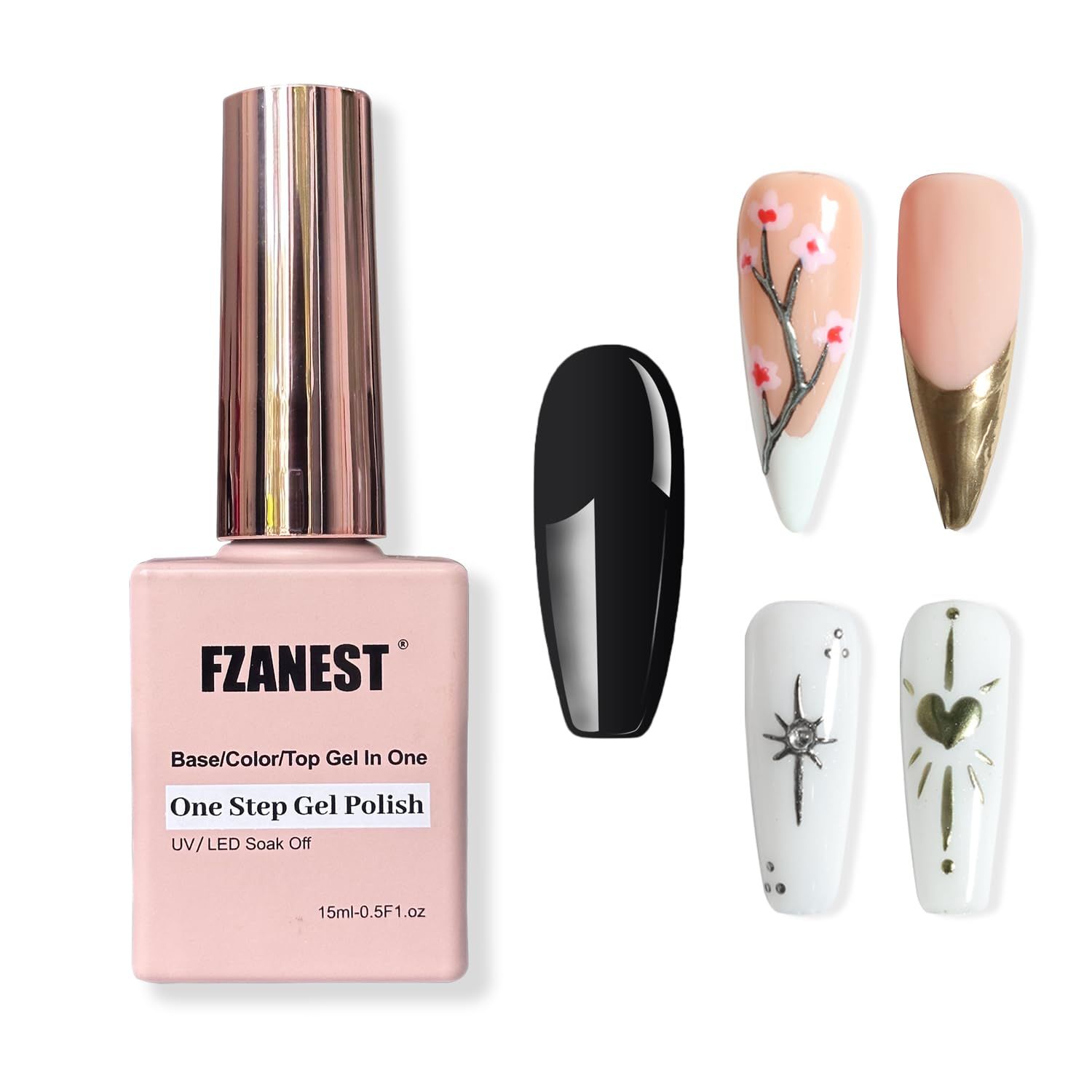 FZANEST Black Gel Polish Top Coat for Chrome Nail Powder, Hema Free One Step 3 in 1 Base Color Top Coat Gel Nail Polish Soak Off LED UV Nail Art Starter Manicure 15ml