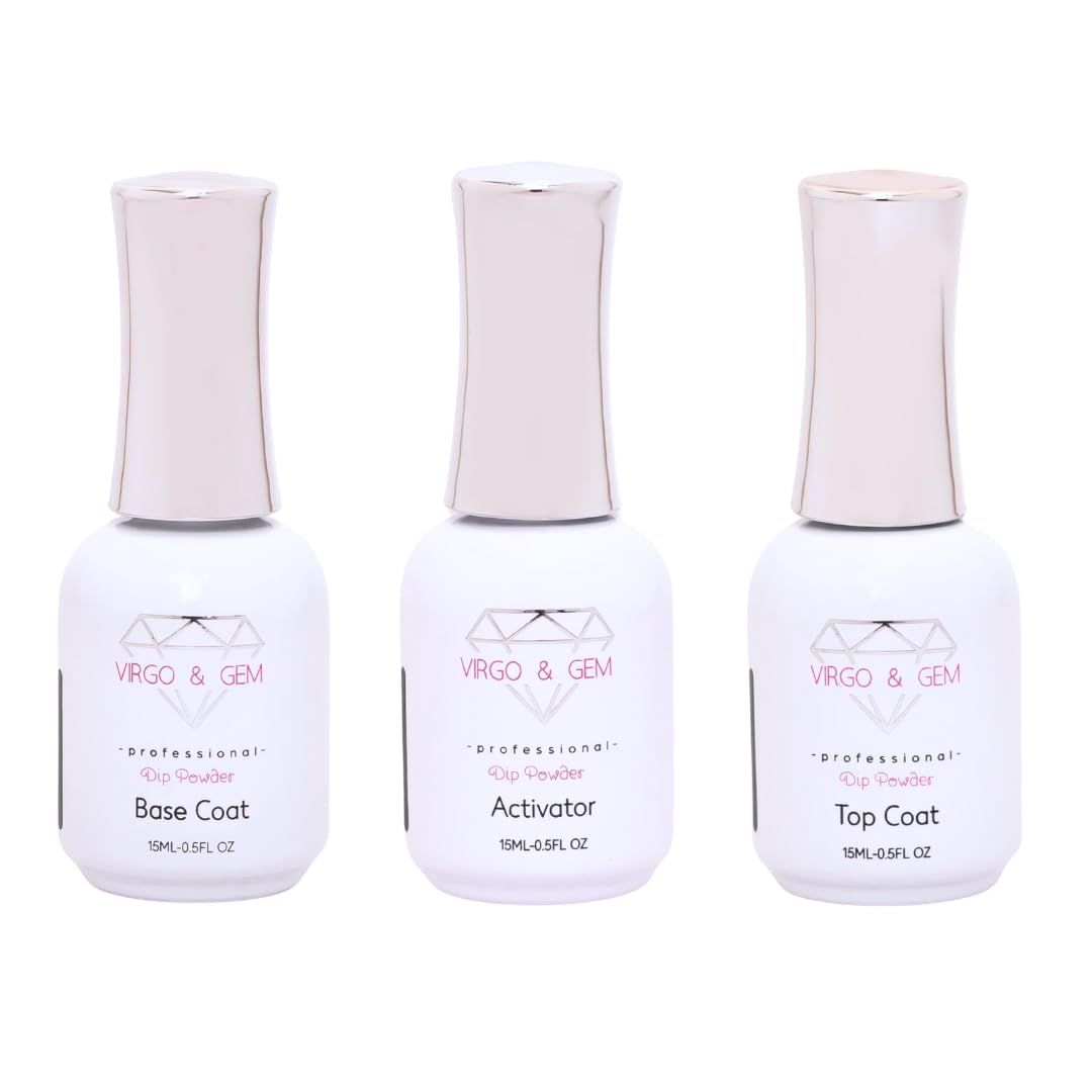 VIRGO &amp; GEM 3 or 5 pcs Dipping Powder Liquid Set- 15ml Dip Powder Base Coat, Top Coat, Activator, Brush Saver and PH bond.