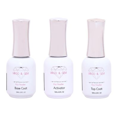 VIRGO &amp; GEM 3 or 5 pcs Dipping Powder Liquid Set- 15ml Dip Powder Base Coat, Top Coat, Activator, Brush Saver and PH bond.