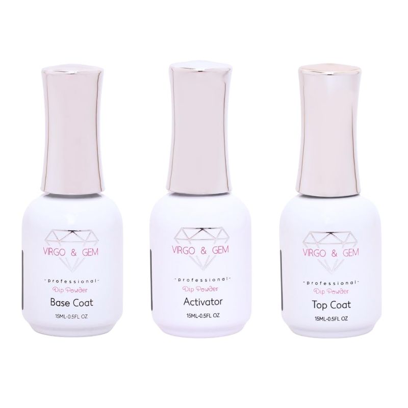 VIRGO &amp; GEM 3 or 5 pcs Dipping Powder Liquid Set- 15ml Dip Powder Base Coat, Top Coat, Activator, Brush Saver and PH bond.