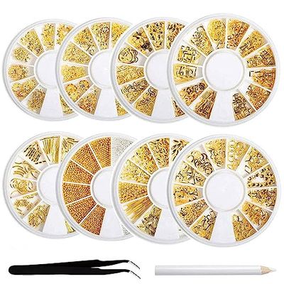 8-Piece 3D Nail Charms Kit - Gold Metal Nail Studs &amp; Decoration With 1 Tweezers &amp; 1 Wax Pencil