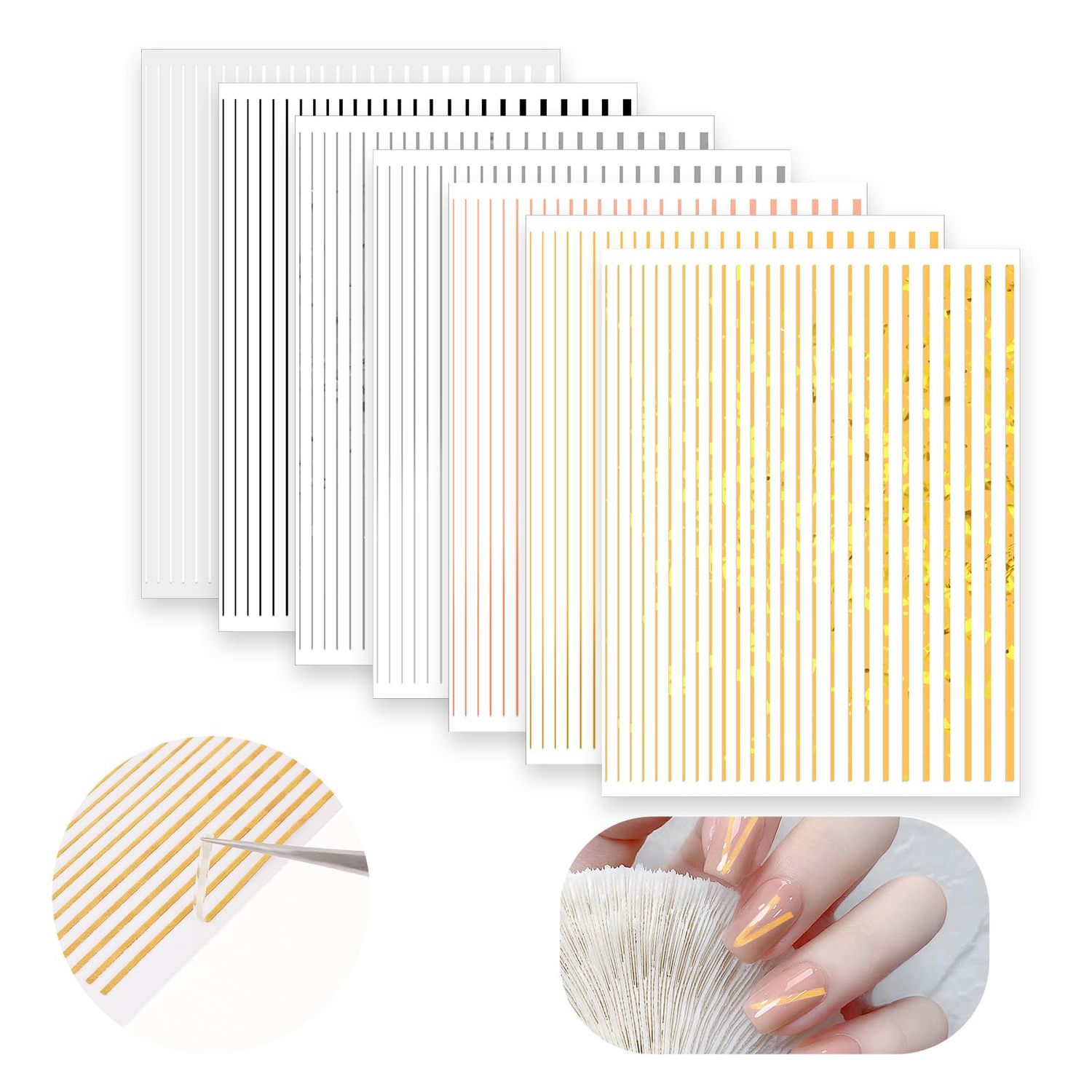 7 Sheets Line Nail Art Stickers Gold and Silver, Metallic Nail Striping for Women DIY French Manicure