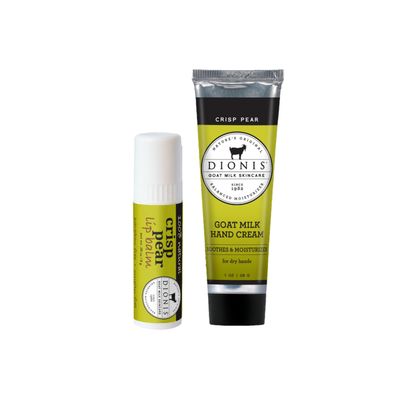 Dionis Goat Milk Skincare Crisp Pear Scented Hand Cream &amp; Lip Balm Set (1 oz and .28 oz) - Safe For Sensitive Skin, Soothes Chapped Lips and Dry Skin, Cruelty-free and Paraben-free