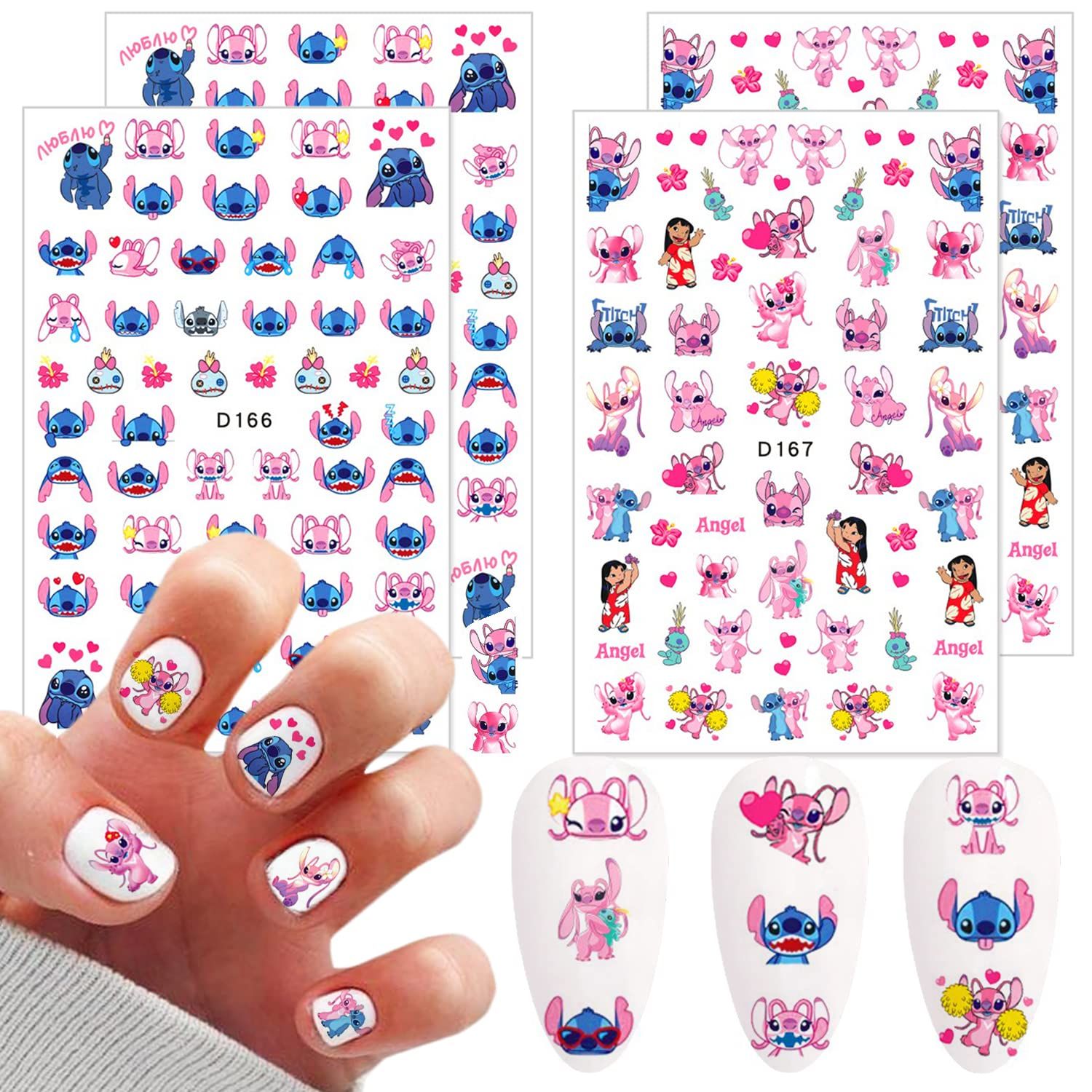 JinPren Cute Nail Art Stickers, 4 Sheets 3D Self Adhesive Cartoon Nail Decals, Acrylic Material, for Women Girls Nail Decoration