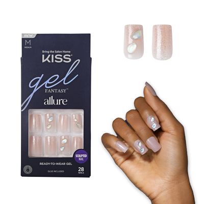 KISS Gel Fantasy Allure Ready-To-Wear Fake Nails - Medium, Square - Transformation, Salon Quality, Smudge Proof, Waterproof, Durable, Wearable, Flexible, Chip Proof, Gorgeous &amp; Shiny | 28 Count