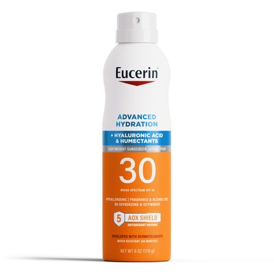 Eucerin Advanced Hydration SPF 30 Sunscreen Spray, Lightweight Spray Sunscreen with Hyaluronic Acid and Humectants, Hypoallergenic, Fragrance and Alcohol Free, 6 Oz Bottle