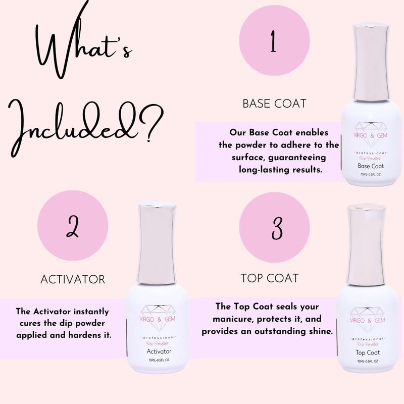 VIRGO &amp; GEM 3 or 5 pcs Dipping Powder Liquid Set- 15ml Dip Powder Base Coat, Top Coat, Activator, Brush Saver and PH bond.