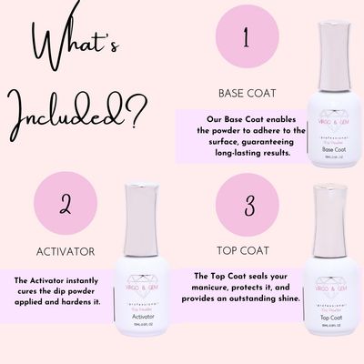 VIRGO &amp; GEM 3 or 5 pcs Dipping Powder Liquid Set- 15ml Dip Powder Base Coat, Top Coat, Activator, Brush Saver and PH bond.