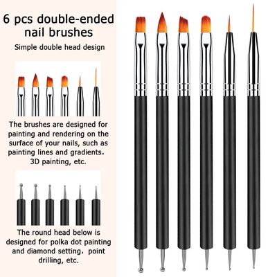Lofuanna Nail Art Brush Set,6pcs Double Ended Fine Nail Liner Brush Dotting Pen Painting Tools with Nail Extension Gel Brush, Builder Gel Brush, Nail Art Liner Brush, Nail Dotting Pen for DIY Manicure