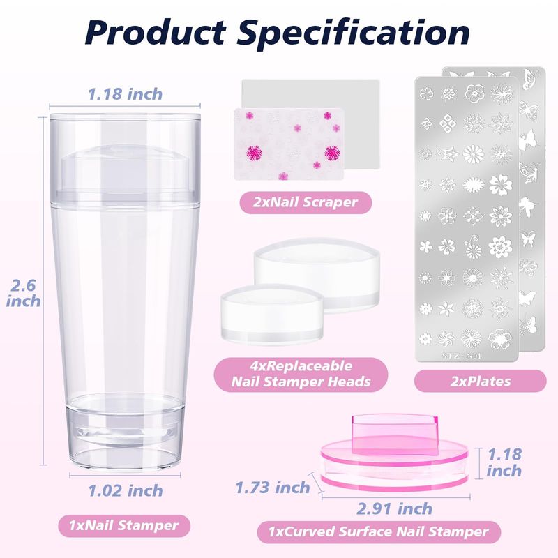 Subay French Nail Stamper, Nail Stamper Kit - 2pcs Nail Art Stamper, Nail Scraper, 2pcs Nail Stamping Plate, 4pcs Replaceable Silicone Jelly Heads for Gel Manicure Home Salon Nail Art DIY