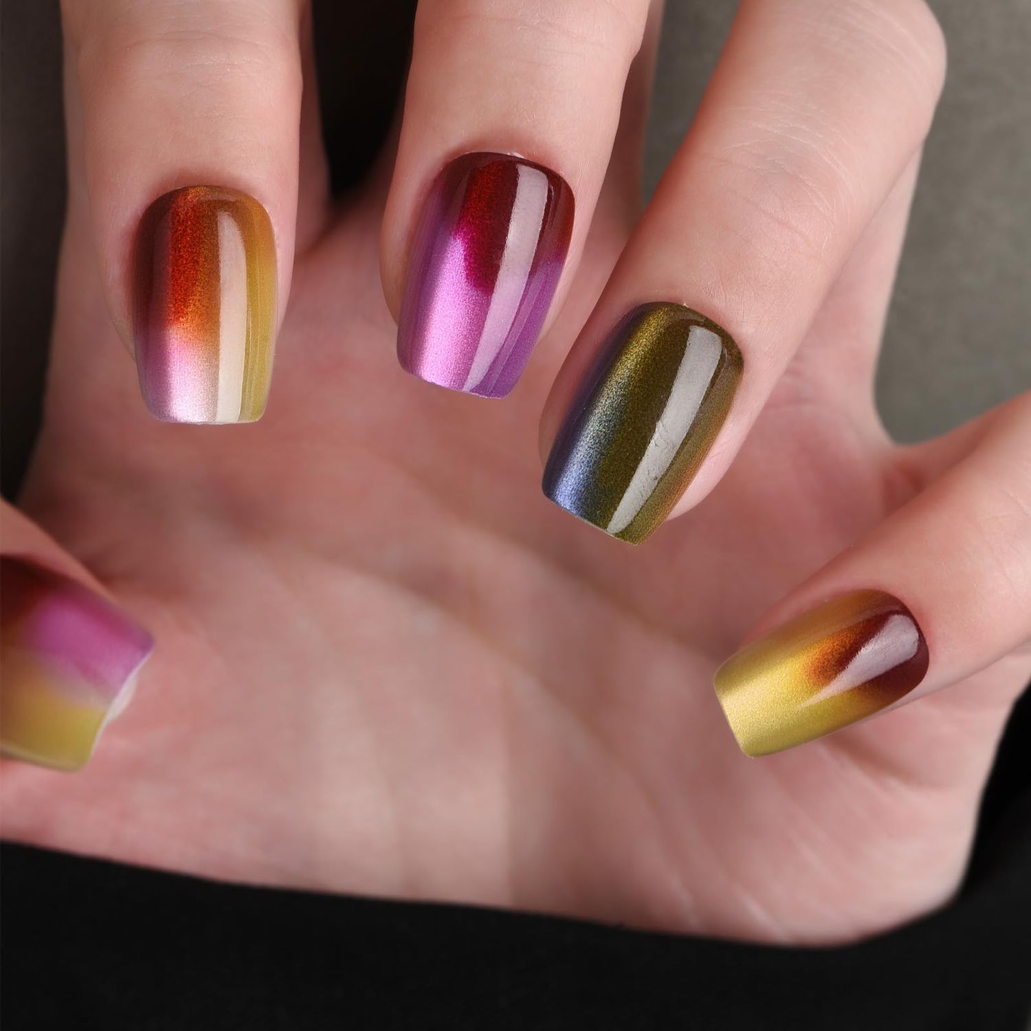 Stbisen Press On Nails Short Square, Cat Eye Fake Nails with Crystal Rainbow Designs, Glossy Gel Finish Acrylic Press On Nails, Thick Natural Reusable Glue On Nails Kit for Women, Rainbow Fusion