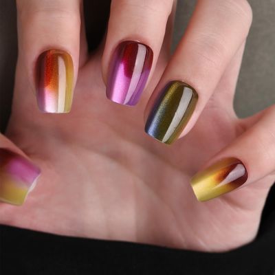 Stbisen Press On Nails Short Square, Cat Eye Fake Nails with Crystal Rainbow Designs, Glossy Gel Finish Acrylic Press On Nails, Thick Natural Reusable Glue On Nails Kit for Women, Rainbow Fusion