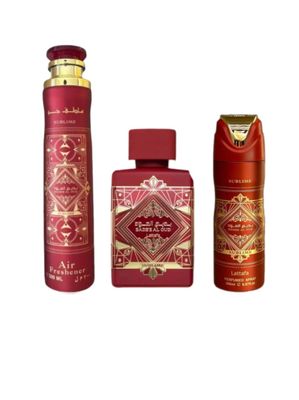 Lattafa Badee Al Oud Sublime For Unisex 3 Piece Gift Set (3.4 Fl Oz EDP 6.67 Fl Oz Deo 10.14 Fl Oz Air Freshener)