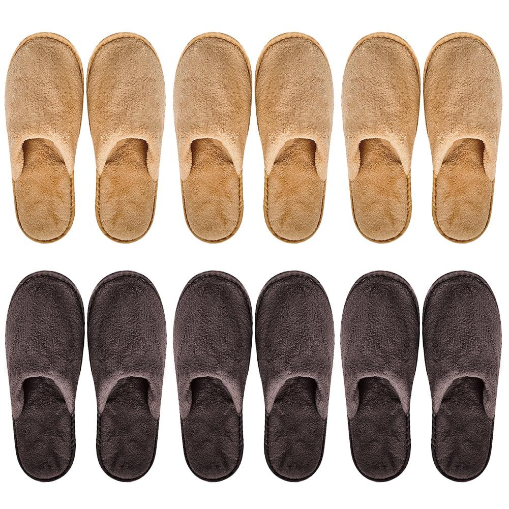 Oureamod 6 Pairs Spa Slippers for Men and Women Fleece Non Slip Disposable Slippers Bulk Pack for Guest,Travel,House, Indoor, Bedroom, Spa, Shoeless Home,Hotel,Wedding Bride Slippers (KhakiBrown)