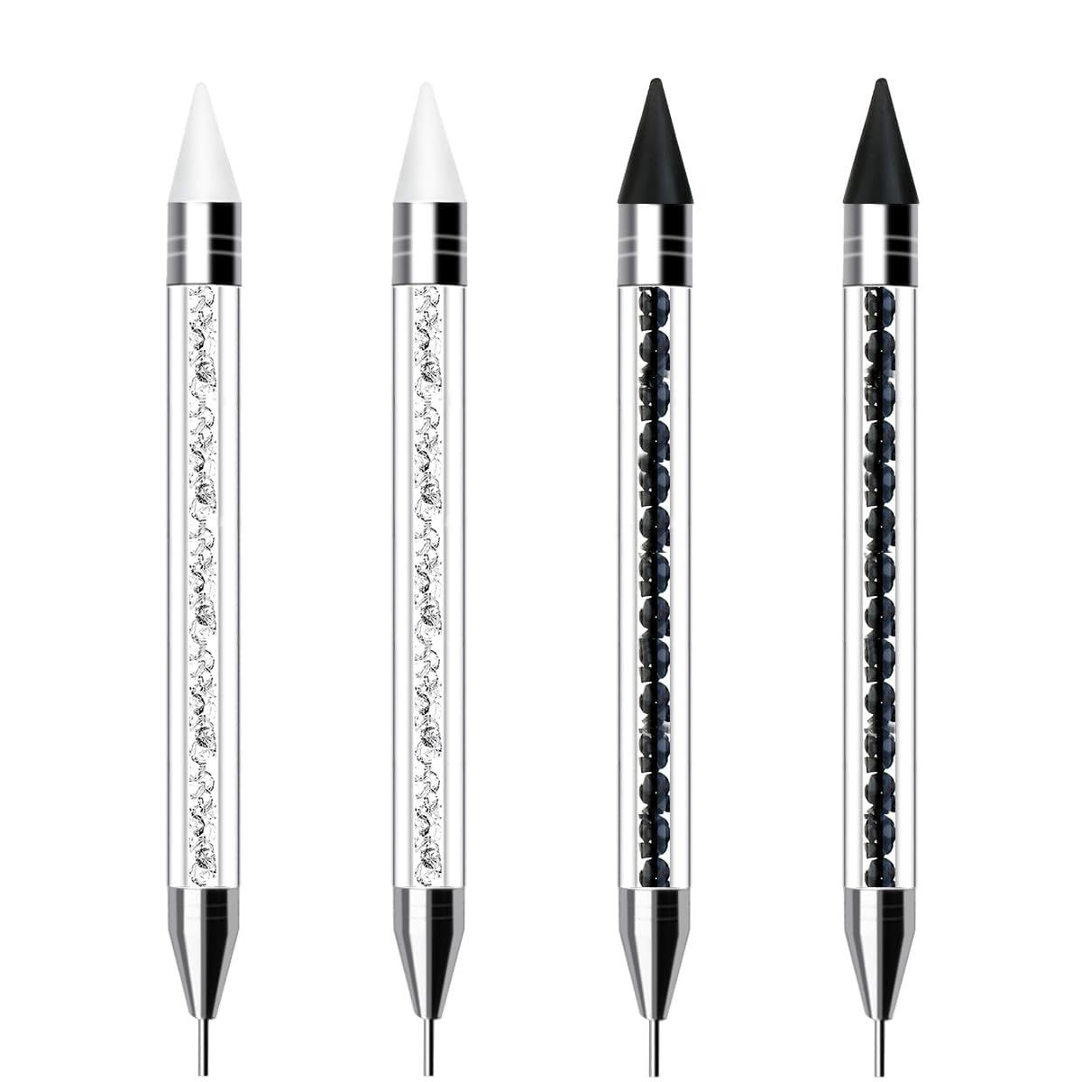 4PCS Rhinestone Picker Dotting Tool, Dual-Ended Rhinestone Applicator Tool Wax Pen Pencil for Nail Art Gemstones Crystals DIY Nail Art CraftsBlack, White)